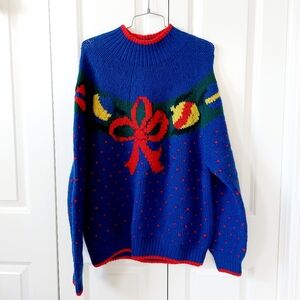 Ornaments & Ribbon Blue Wool Christmas Sweater Large 100% Wool Brooks Brothers